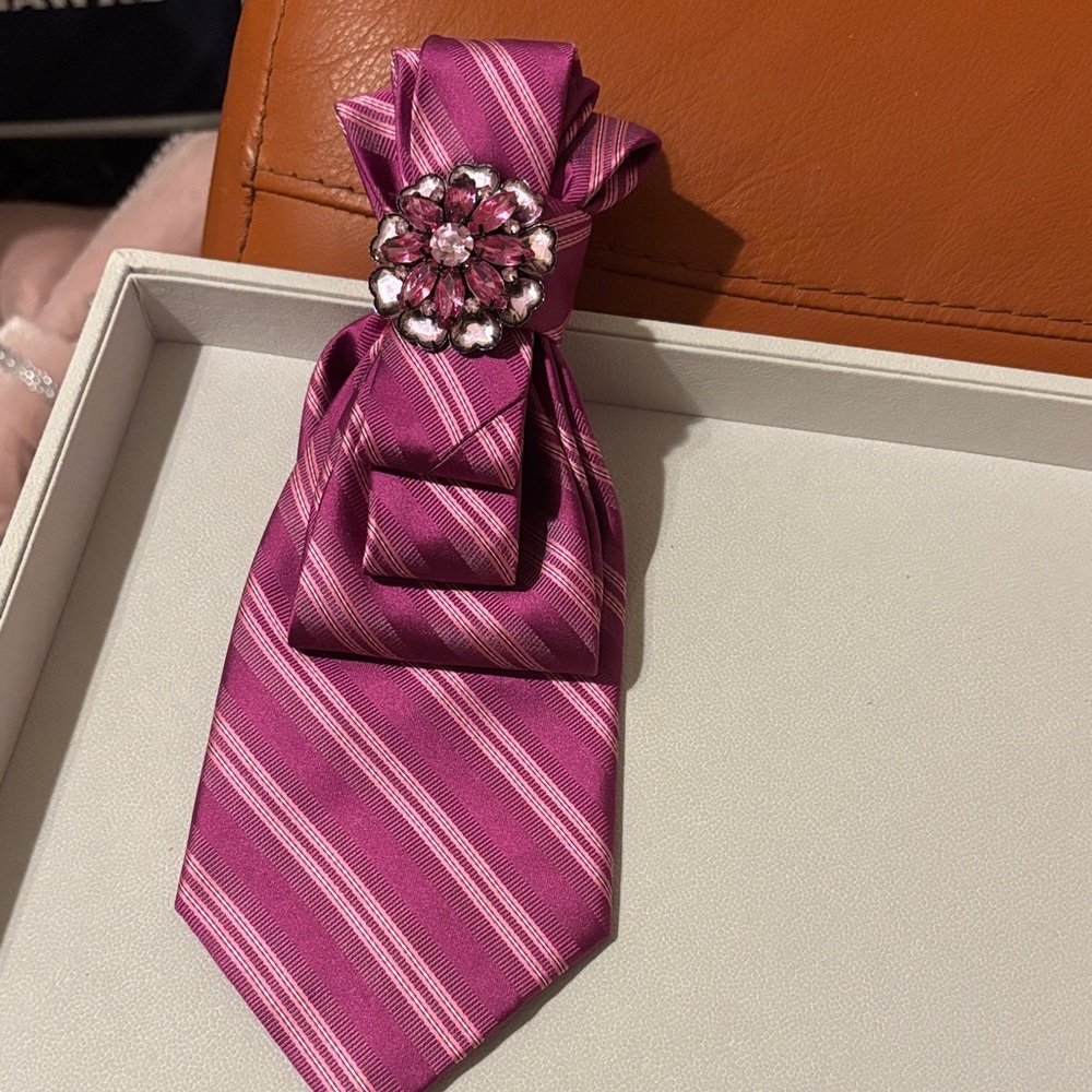 Elegant Pink Striped Scarf with Brooch